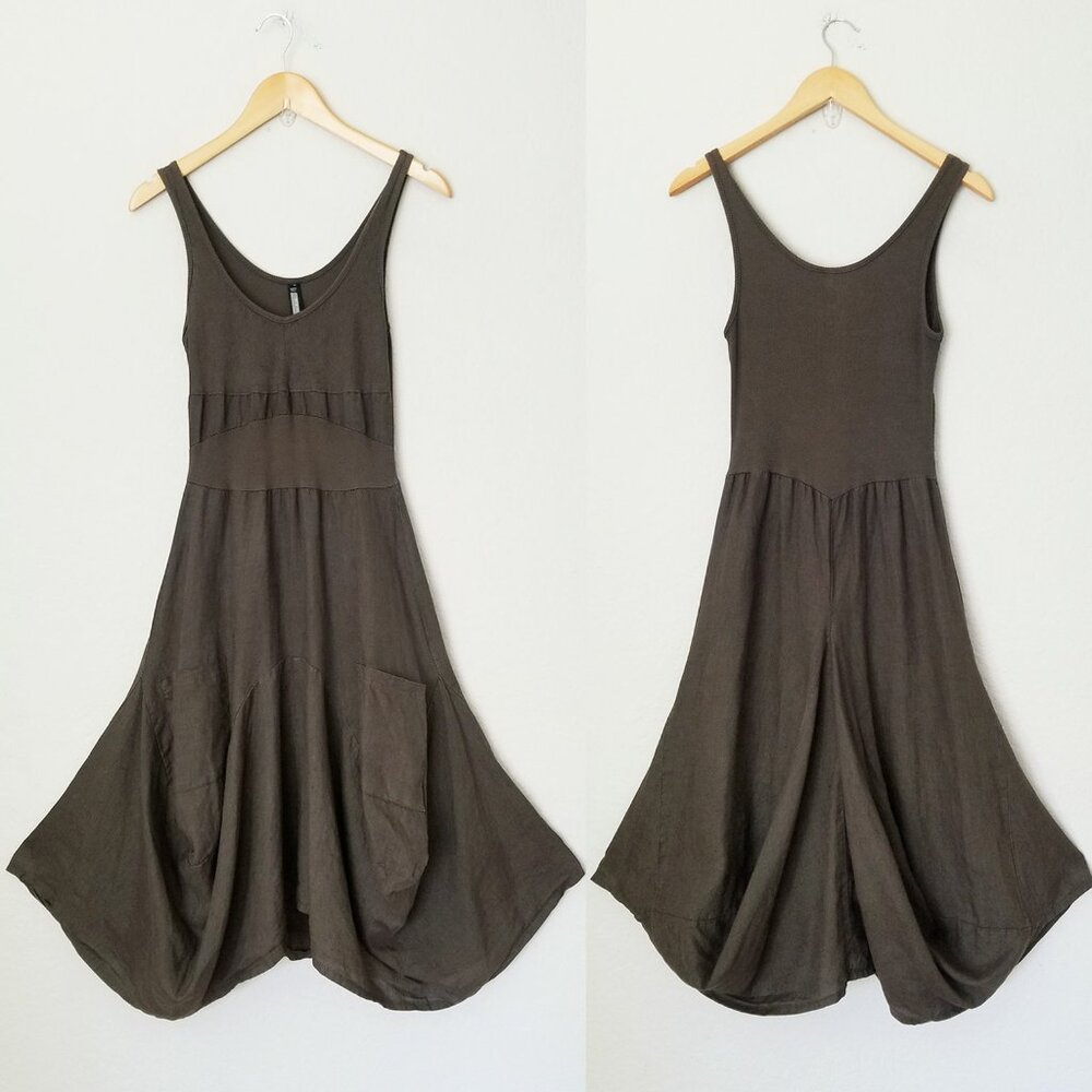 Inizio MAGIC 2 POCKET Sleeveless Linen Dress S Lagenlook Dark Olive Italy $150 - Picture 2 of 11